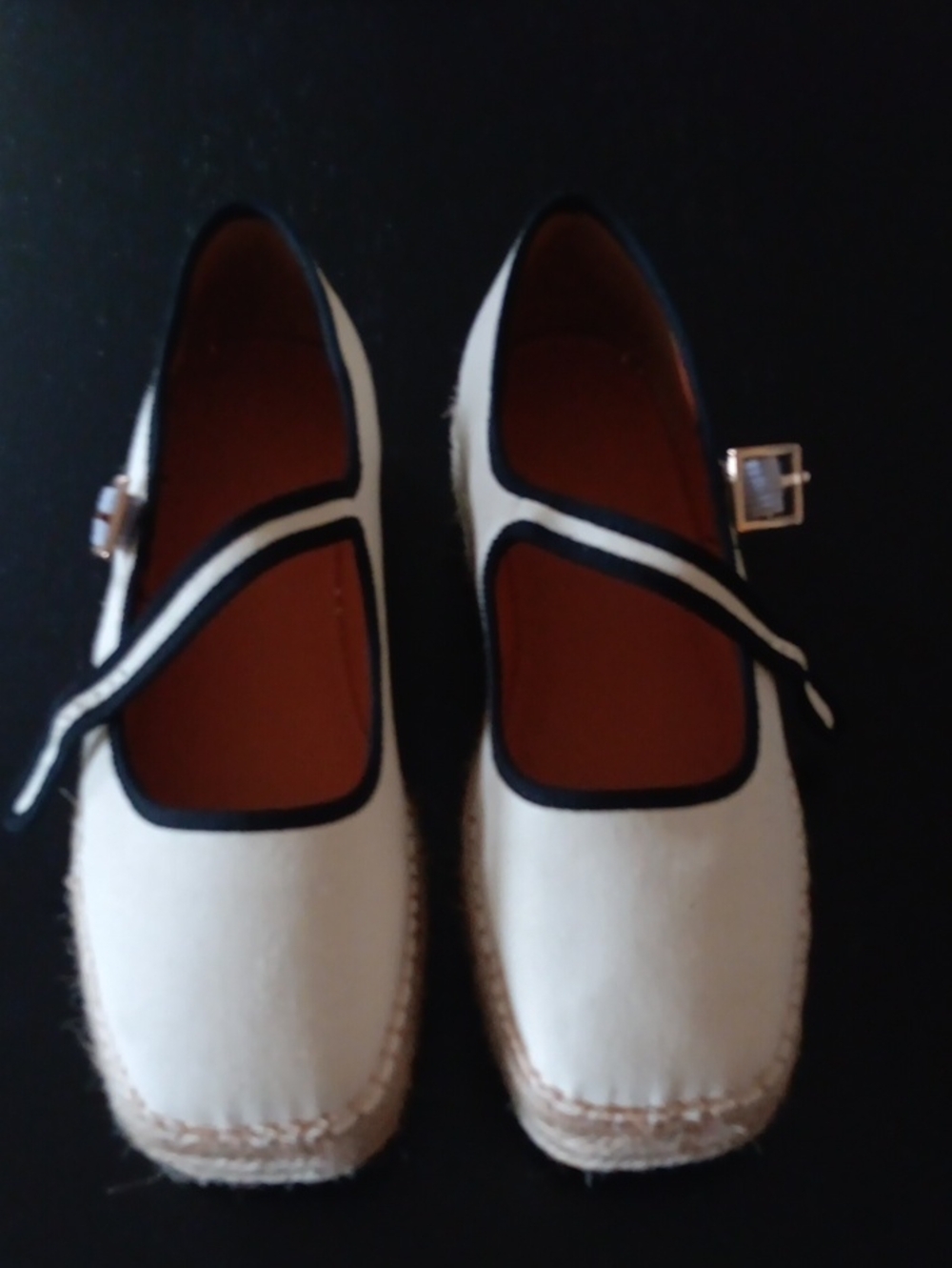 Mary Jane Espadrille Shoes in Cream with Black Trim